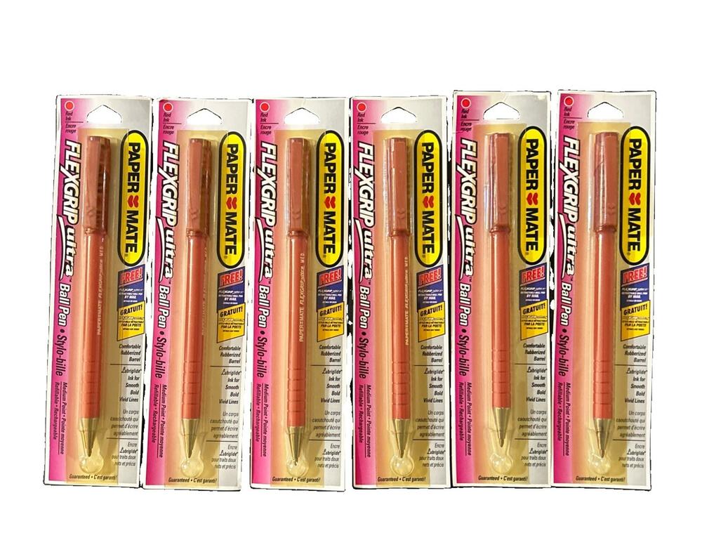 Paper Mate Double Heart Pens LOT OF 6 FlexGrip Ultra Ball Point 1995 Red Ink New